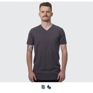 A men's V-neck T-shirt in a dark grey colour, featuring short sleeves and a logo.