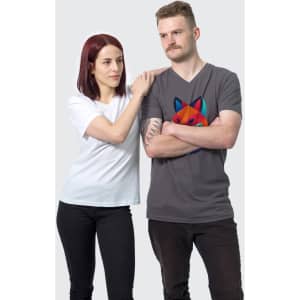 A grey men's T-shirt with a graphic design featuring a fox, worn by a man alongside a woman in a white T-shirt.