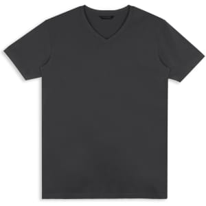 A dark grey men's T-shirt with a V-neck design and short sleeves, featuring a logo.