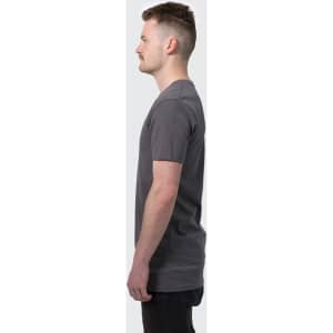 A grey men's T-shirt displayed on a model from the side, featuring a round neckline and short sleeves.