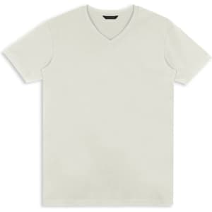 A plain white men's T-shirt with a V-neck design and short sleeves. It features a logo.