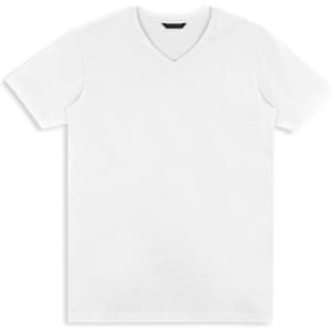 A plain white men's T-shirt with a V-neck design and short sleeves, featuring a logo on the tag.