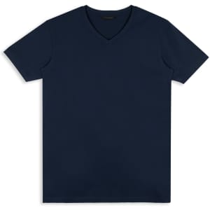 A navy blue men's T-shirt with a v-neck design, featuring a simple structure and no graphics. It includes a logo.