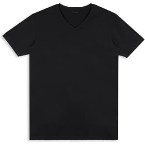A black V-neck men's T-shirt with a plain design and a logo on the label.