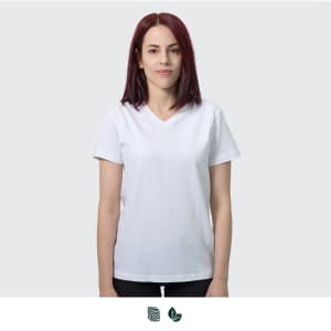 A white women's t-shirt with a v-neck design, displayed on a model with shoulder-length hair.