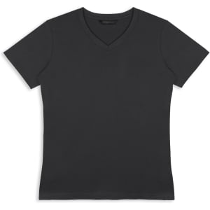 A black women's T-shirt with a V-neck and short sleeves, featuring a logo on the label.
