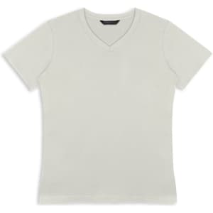A light grey women's t-shirt with a v-neck design, featuring a logo on the neckline.