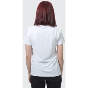 A white women's t-shirt with a crew neck and short sleeves, featuring a plain back view.