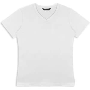 A white women's T-shirt with a v-neck design and short sleeves. It features a branding logo.