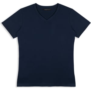 A navy blue women's V-neck t-shirt with short sleeves and a fitted design. Features a logo.