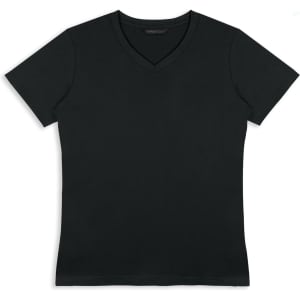 A black women's t-shirt with a v-neck and short sleeves, featuring a logo.