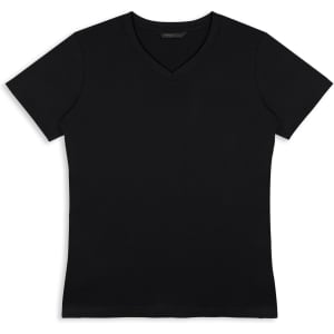 A black women's t-shirt with a v-neck design, featuring short sleeves and a fitted style. It has a logo.