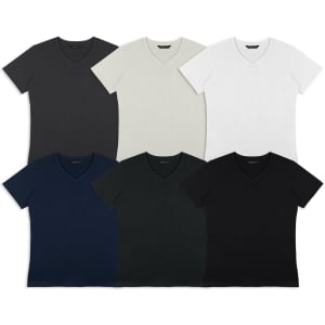 A collection of six v-neck t-shirts in various colours: black, navy, dark grey, light grey, white, and olive. Each has a logo.