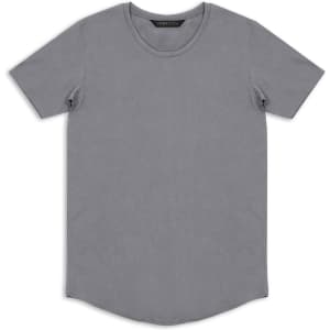 A grey men's t-shirt with a round neck and short sleeves, featuring a slight curved hem and a logo.
