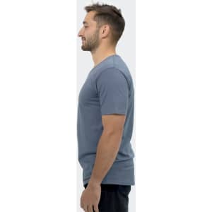 A men's T-shirt in slate blue, featuring a fitted design and short sleeves. The shirt has a logo on it.