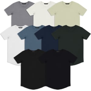 A collection of men's T-shirts in various colours including grey, white, blue, navy, green, and black, arranged in a grid.