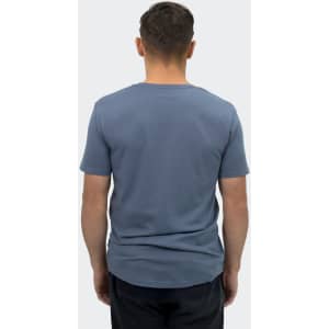 A men's T-shirt in a soft blue colour, featuring a simple design with a logo on the back.
