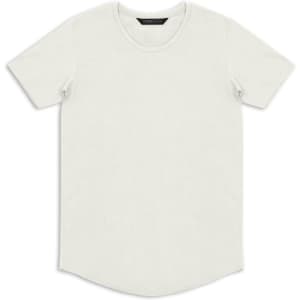A plain white men's T-shirt with short sleeves and a rounded hem. Features a logo on the label.