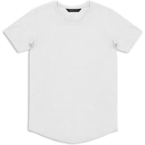 A white men's T-shirt featuring a rounded neckline and short sleeves. It includes a logo on the label.