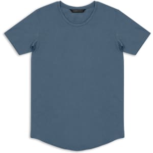 A blue men's T-shirt with short sleeves and a rounded neckline, featuring a logo.