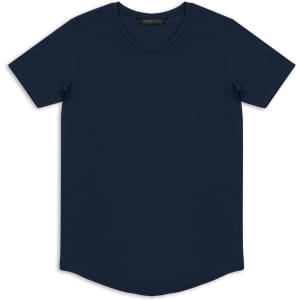 A navy blue men's t-shirt featuring a round neckline and short sleeves. The shirt has a branding logo.