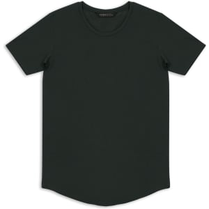 A dark green men's t-shirt with a round neckline and short sleeves, featuring a logo.