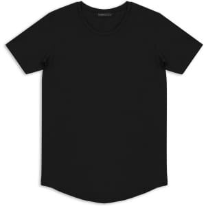 A plain black men's T-shirt with a round neck and short sleeves, featuring a subtle logo.
