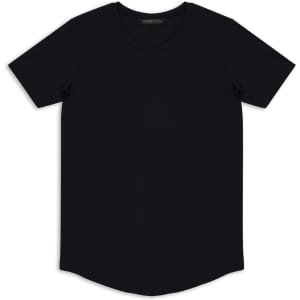 A black men's T-shirt with a rounded neckline and short sleeves. It features a logo on the label.