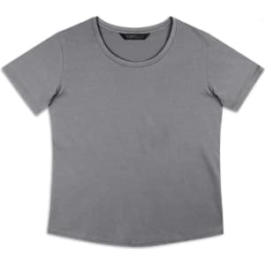 A grey women's T-shirt with a round neckline and short sleeves. The shirt features a logo.