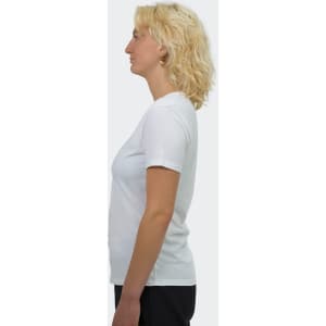 A white women's t-shirt displayed from the side, featuring a simple design and a logo on it.