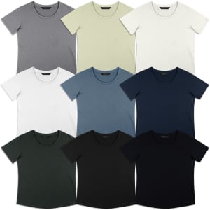 A collection of TRENDSWEAR Carmen women's T-shirts in grey, cream, white, blue, navy, green, and black, displaying various colours and styles.