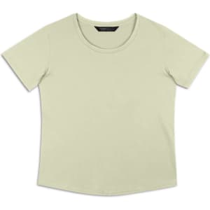 A light green women's T-shirt with short sleeves and a round neckline. The shirt features a branding logo.