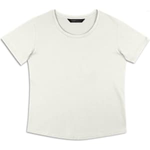 A white women's T-shirt with a round neckline and short sleeves, featuring a logo on the label.