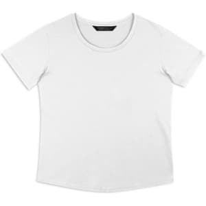 A white women's T-shirt with a round neckline and short sleeves, featuring a logo on the label.