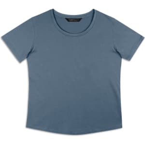 A blue women's t-shirt with a crew neckline and short sleeves, featuring a logo on the label.