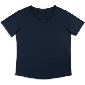 A navy women's T-shirt with a round neckline and short sleeves, featuring a logo on the label.