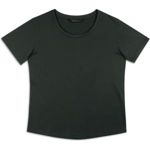 A black women's t-shirt with a round neckline and short sleeves, featuring a logo on the inner tag.