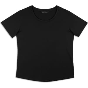 A black women's T-shirt with a round neckline and short sleeves, featuring a logo.