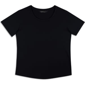 A black women's T-shirt with short sleeves, featuring a round neckline and a logo. Plain design, no patterns.