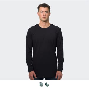 A long sleeve crew shirt in black, featuring a simple design and a logo. The model is standing upright.