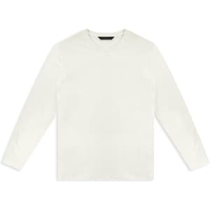A plain white long sleeve crew shirt, featuring a simple design and a branding logo.
