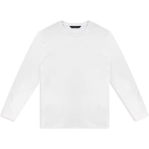 A white long sleeve crew shirt with a simple design and a logo on the label.