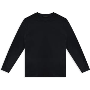 A black long sleeve crew shirt featuring a simple design and a branding logo.