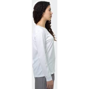 A white long sleeve crew shirt displayed on a person from the side, featuring a simple design and a branding logo.