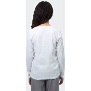A white long sleeve crew shirt featuring a logo, shown from the back on a model.