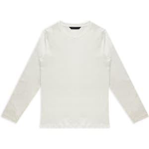 A white long sleeve crew shirt with a simple design and a logo on the label.