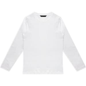 A long-sleeve white crew shirt with a simple design and a logo on the label.