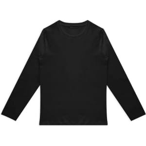 A black long sleeve crew shirt with a simple design and a logo on the front.