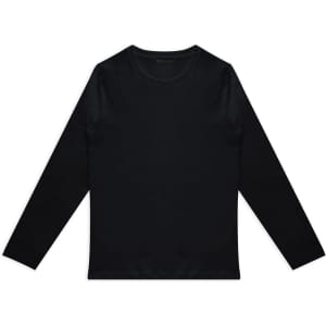 A black long sleeve crew shirt featuring a simple design and a logo.