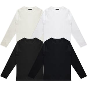 Four long sleeve crew shirts in white, black, and cream, featuring a logo on the neck area.